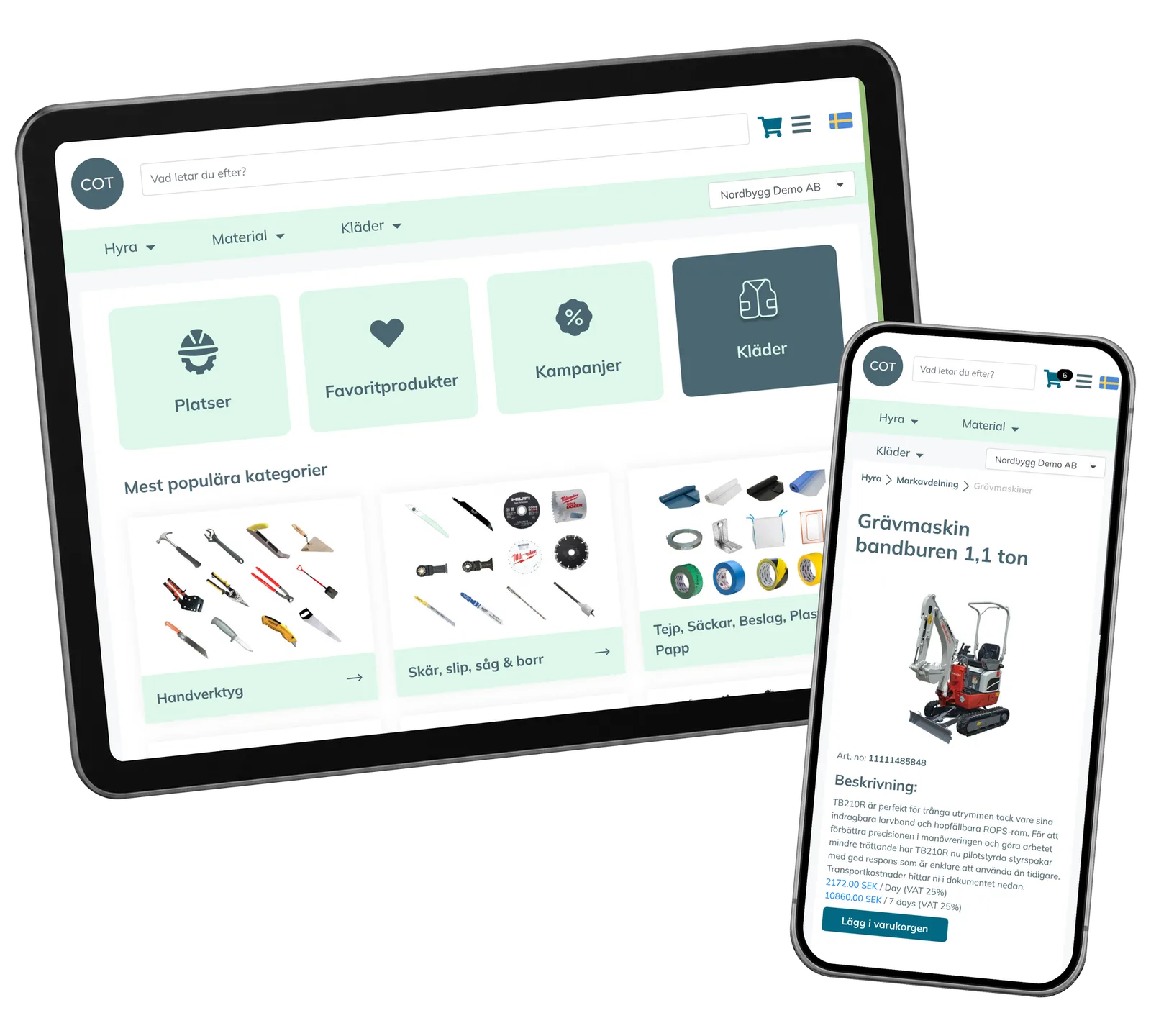 COT Sverige Portal prototype: Find equipment and materials in a visual catalogue. Real interface with fictional demonstration records.