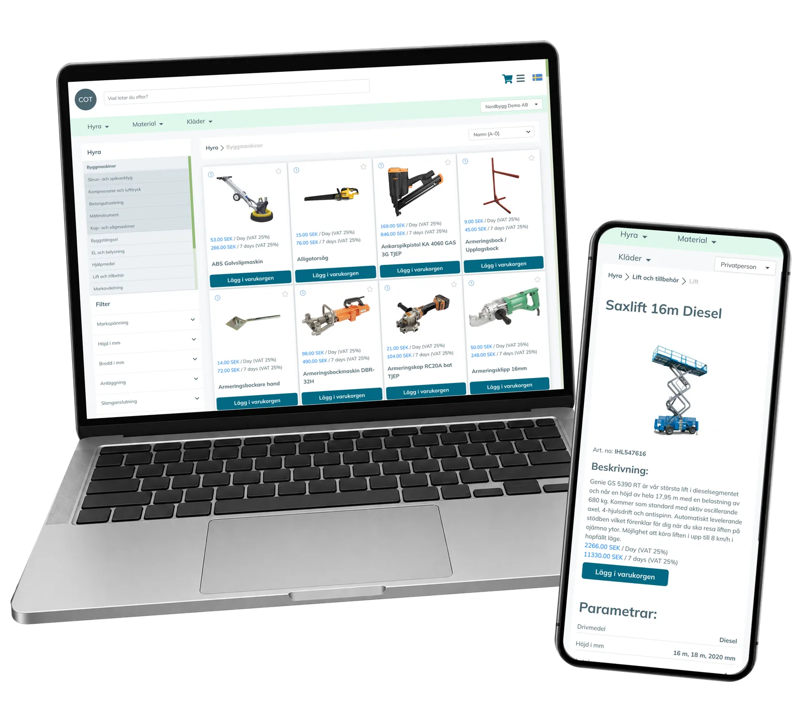 COT Sverige Portal prototype: Choose rental equipment for the job ahead. Real interface with fictional demonstration records.