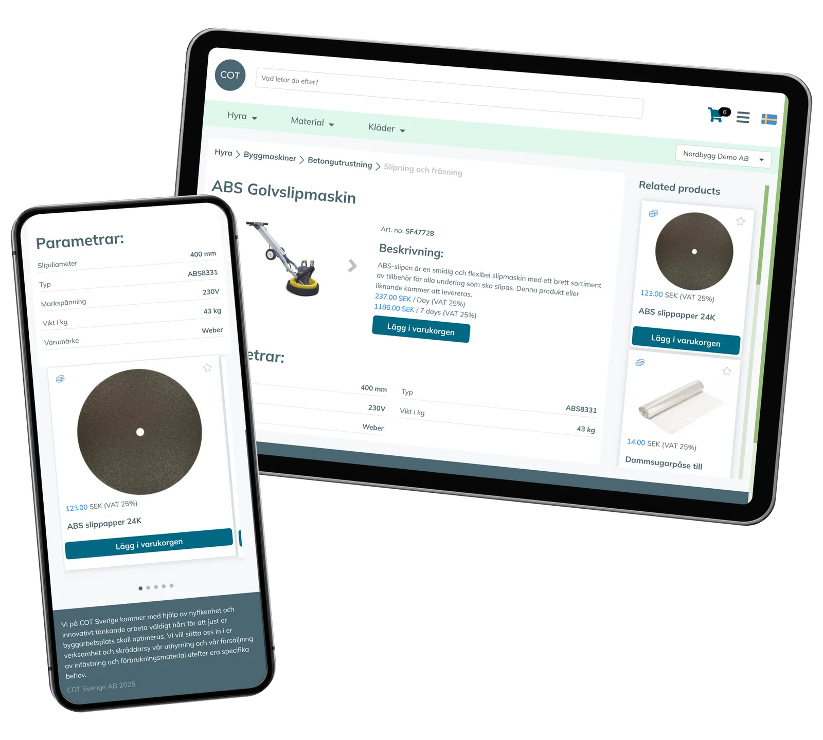 COT Sverige Portal prototype: Check the specifications and find compatible accessories. Real interface with fictional demonstration records.