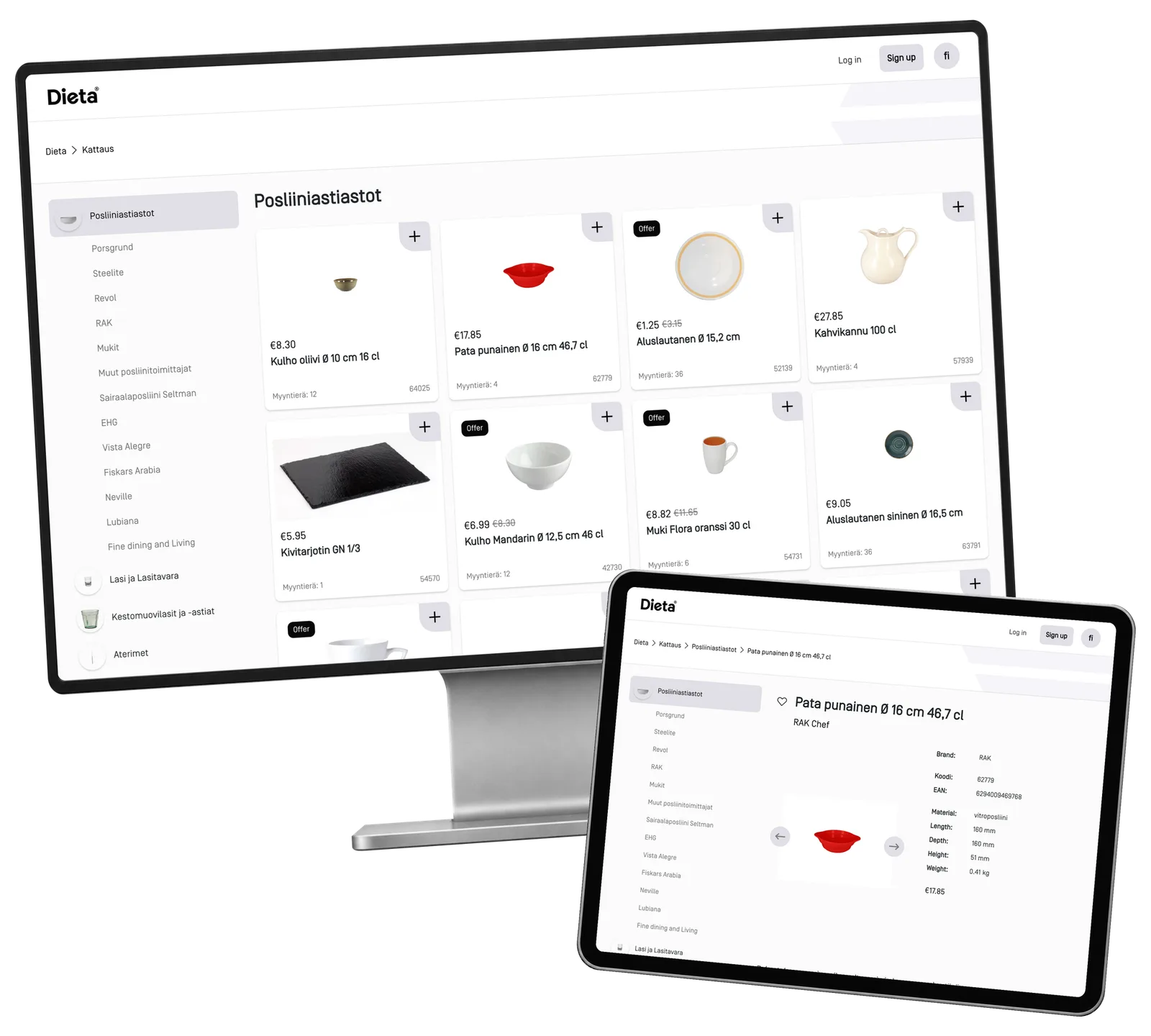 Dieta Shop prototype: Find tableware by collection, colour and form. Actual catalogue interface with historical example prices.