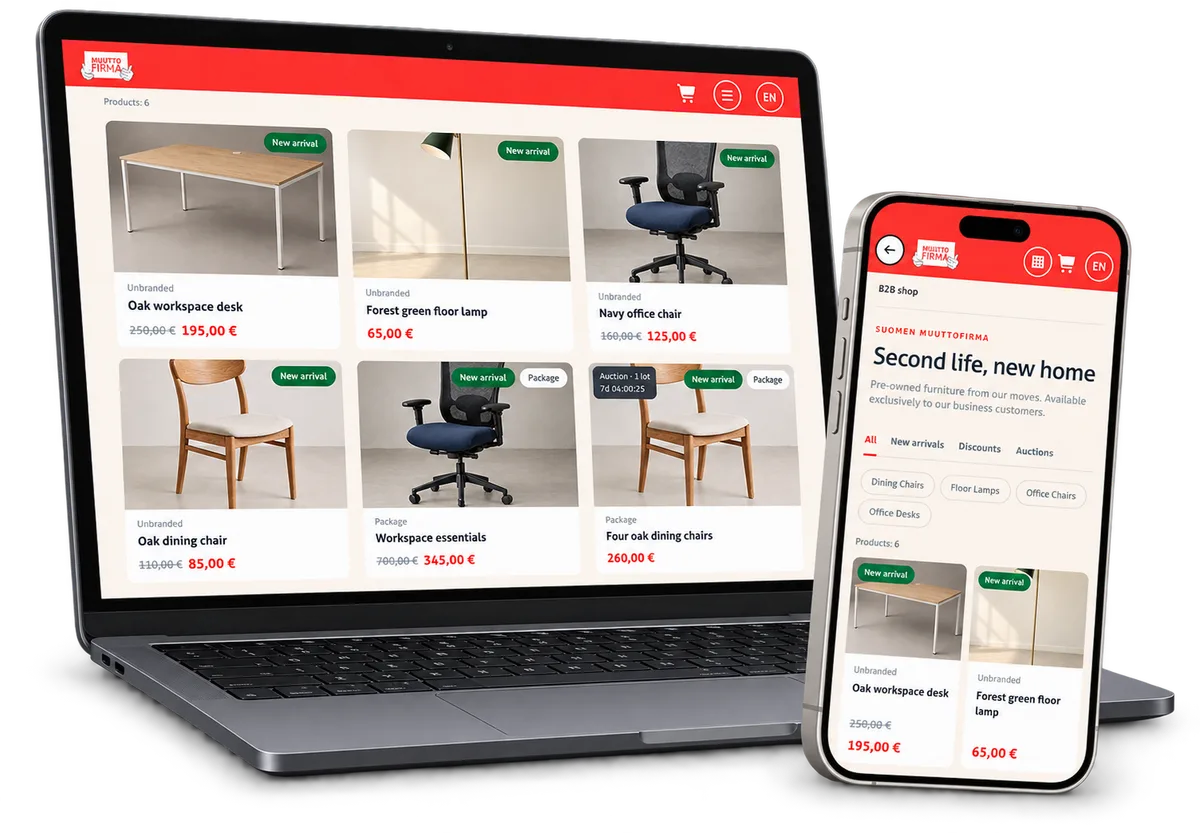 B2B-möbelkatalog på en bärbar dator och en telefon i förgrunden.
