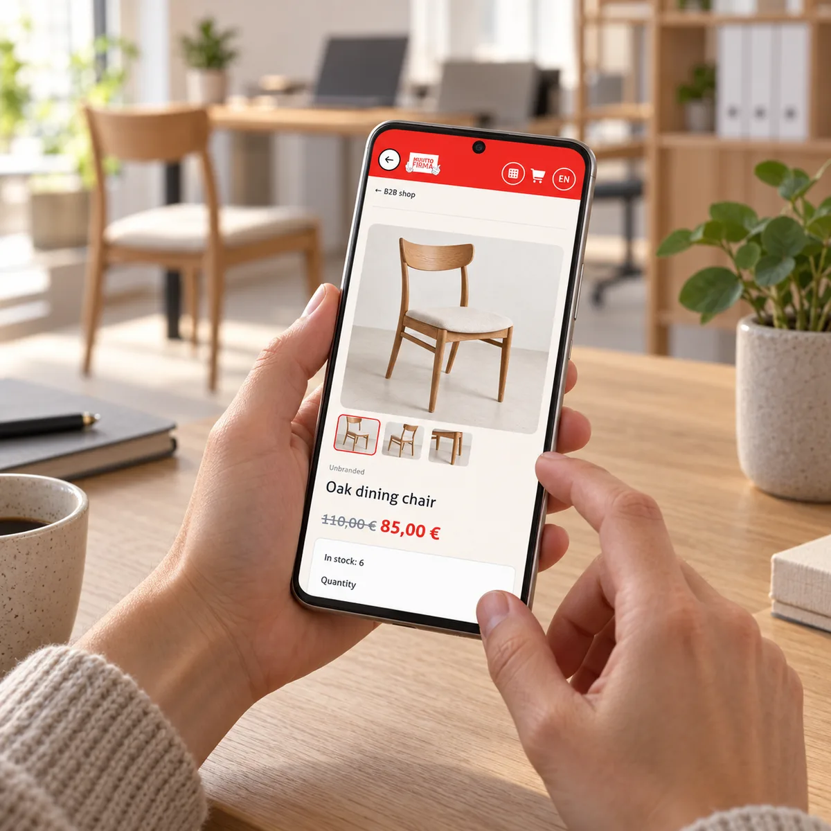 En köpare håller B2B-produktvyn på en telefon i en lugn kontorsmiljö.
