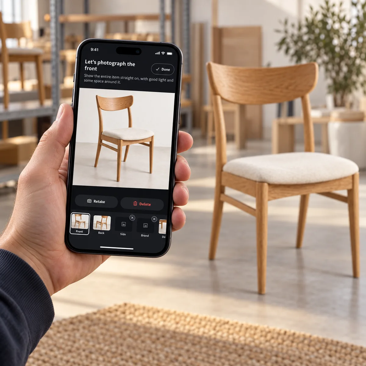 En hand håller fotoflödet i mobilen bredvid en matchande ekstol.