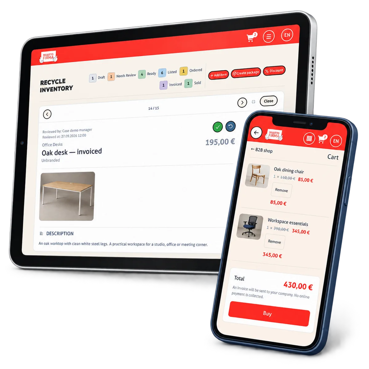 Mobil B2B-varukorg bredvid en fakturerad inventariepost på surfplatta.