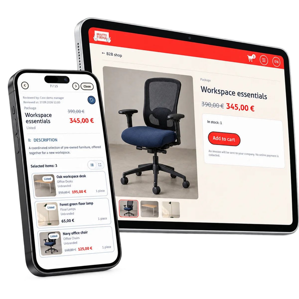 Ett arbetsplatspaket på surfplatta bredvid dess mobila artikellista.