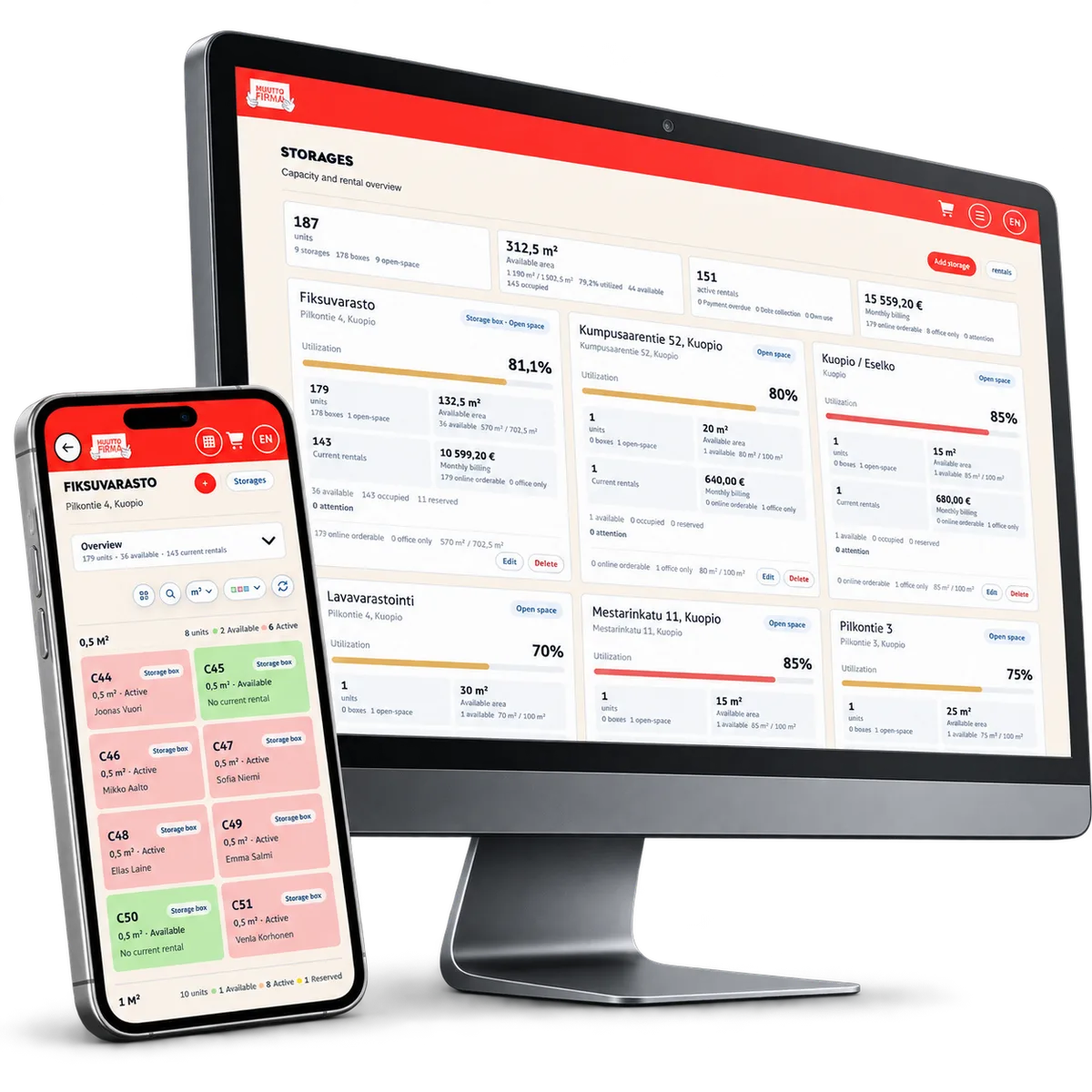 Easy Storage overview on a monitor with a mobile manager in front.