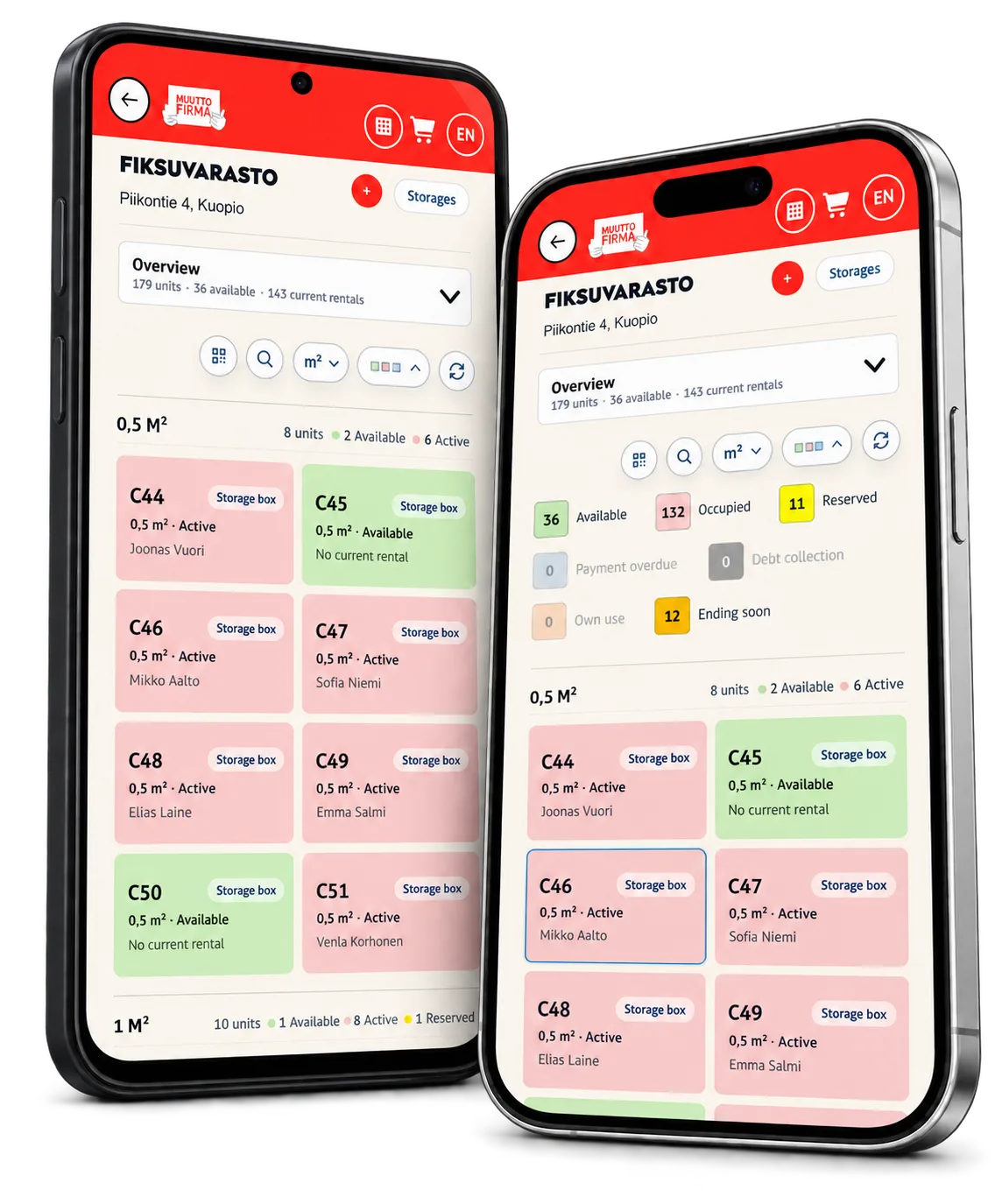Easy Storage unit cards and status controls on two different phones.