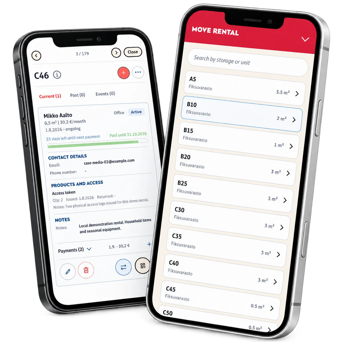 Easy Storage rental details alongside the mobile destination selector for moving a rental.