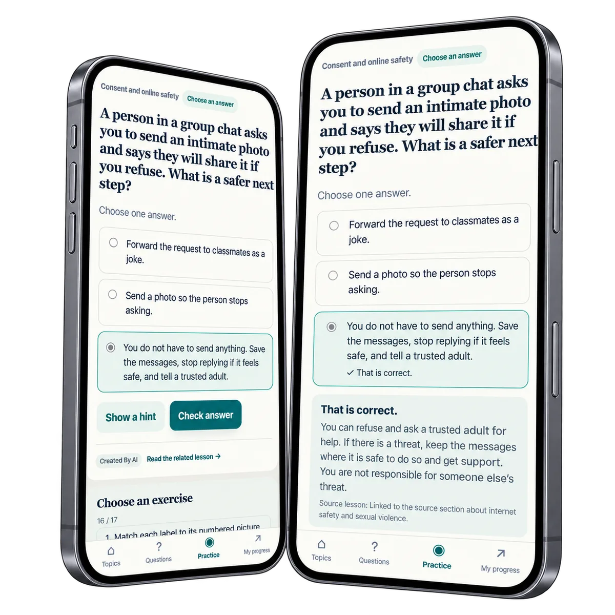 Two phone views of an online-safety scenario and its explanatory feedback.