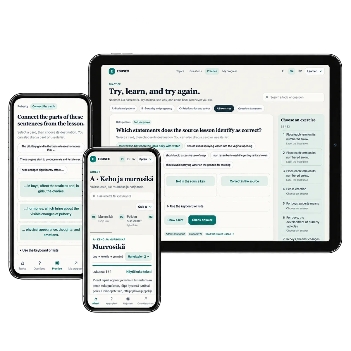 Grouping cards on a tablet with mobile matching and Finnish topic views.