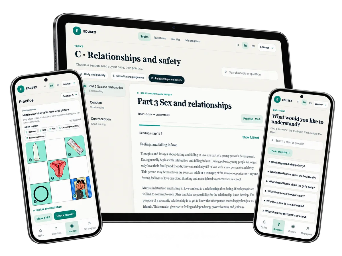 EDUSEX reading, illustrated practice and question discovery in a device collage.
