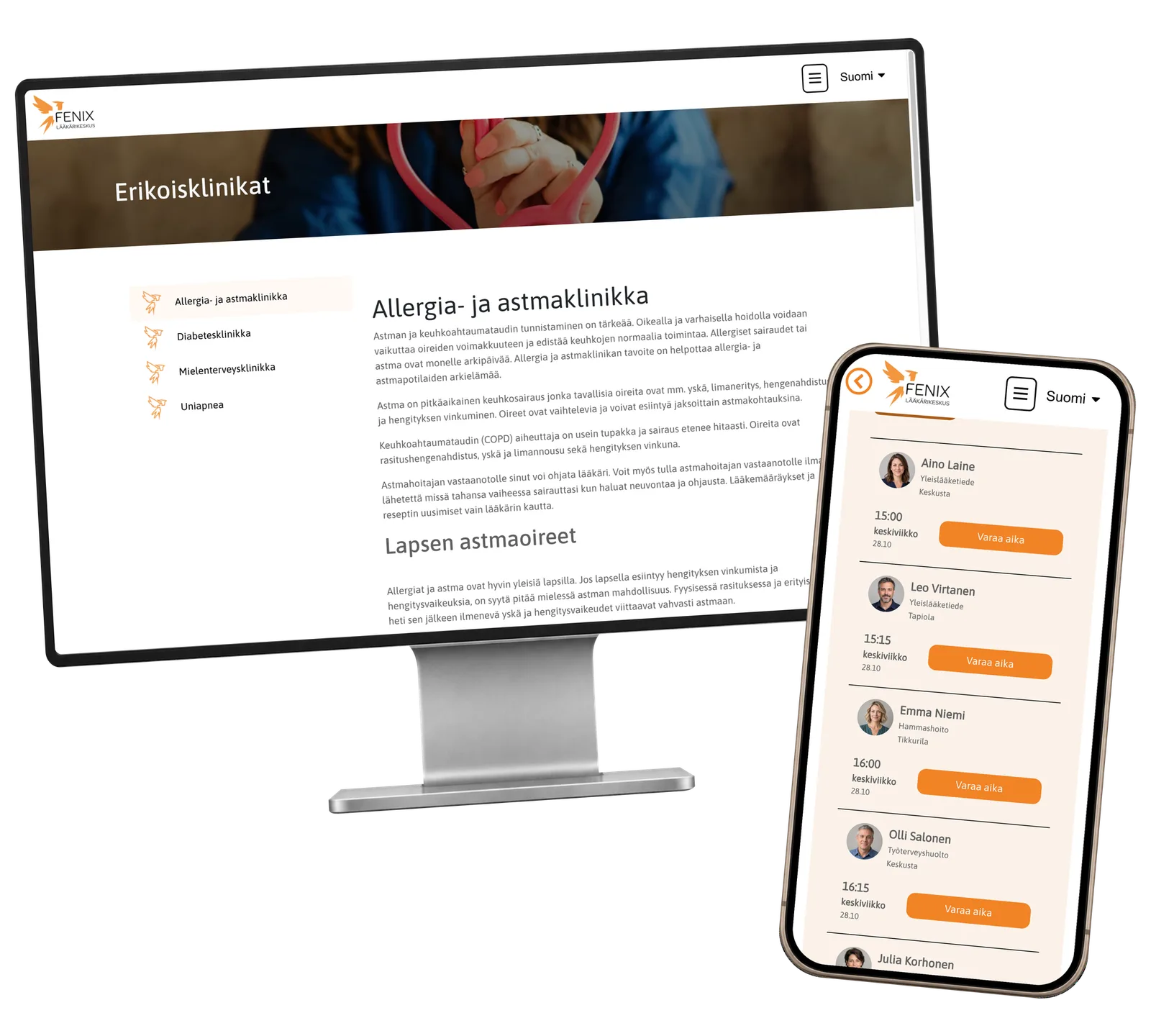 Fenix application: Explore specialist care and find an available time. Real interface with fictional demonstration data.