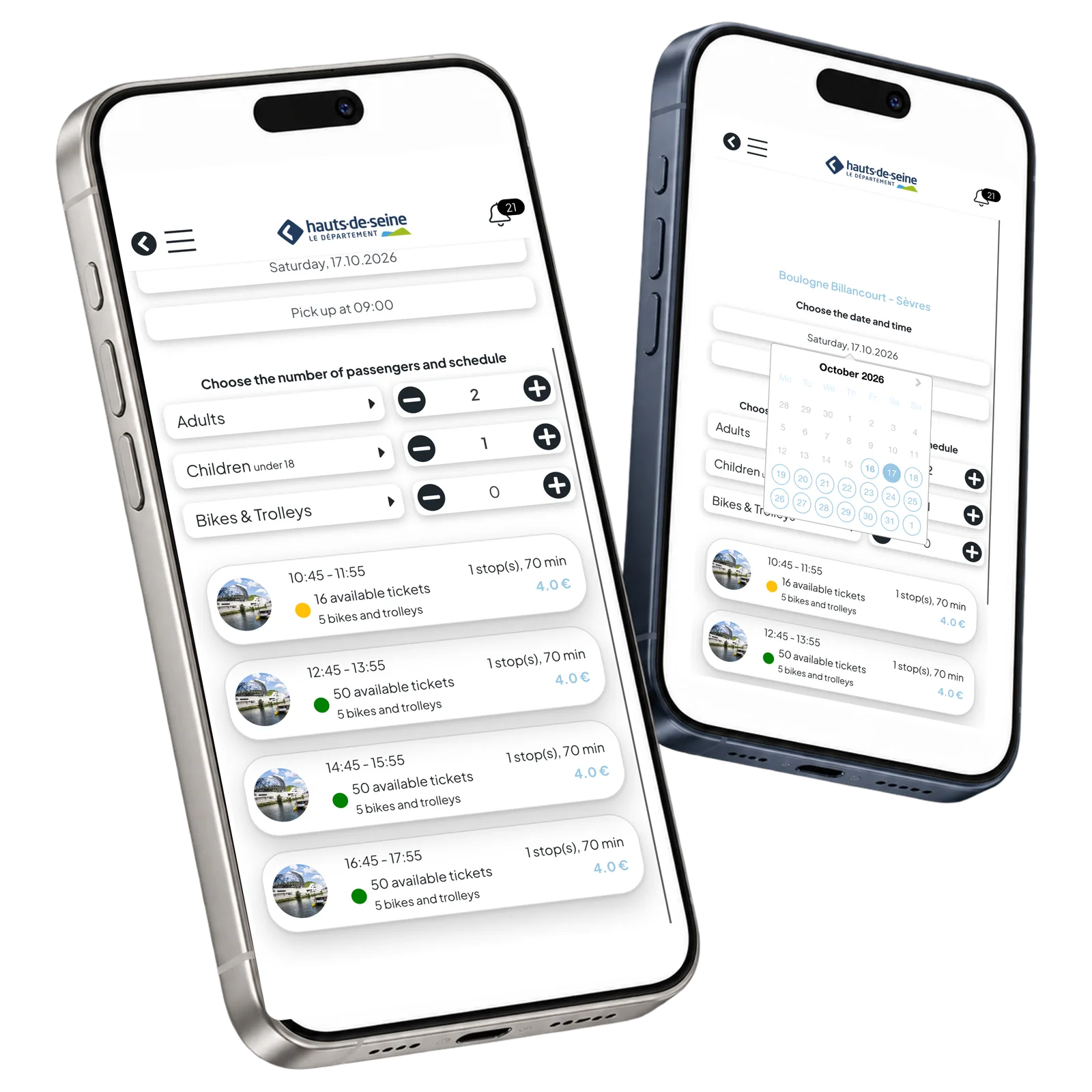 Two phones showing HDS departure choices and a travel calendar with family ticket controls.