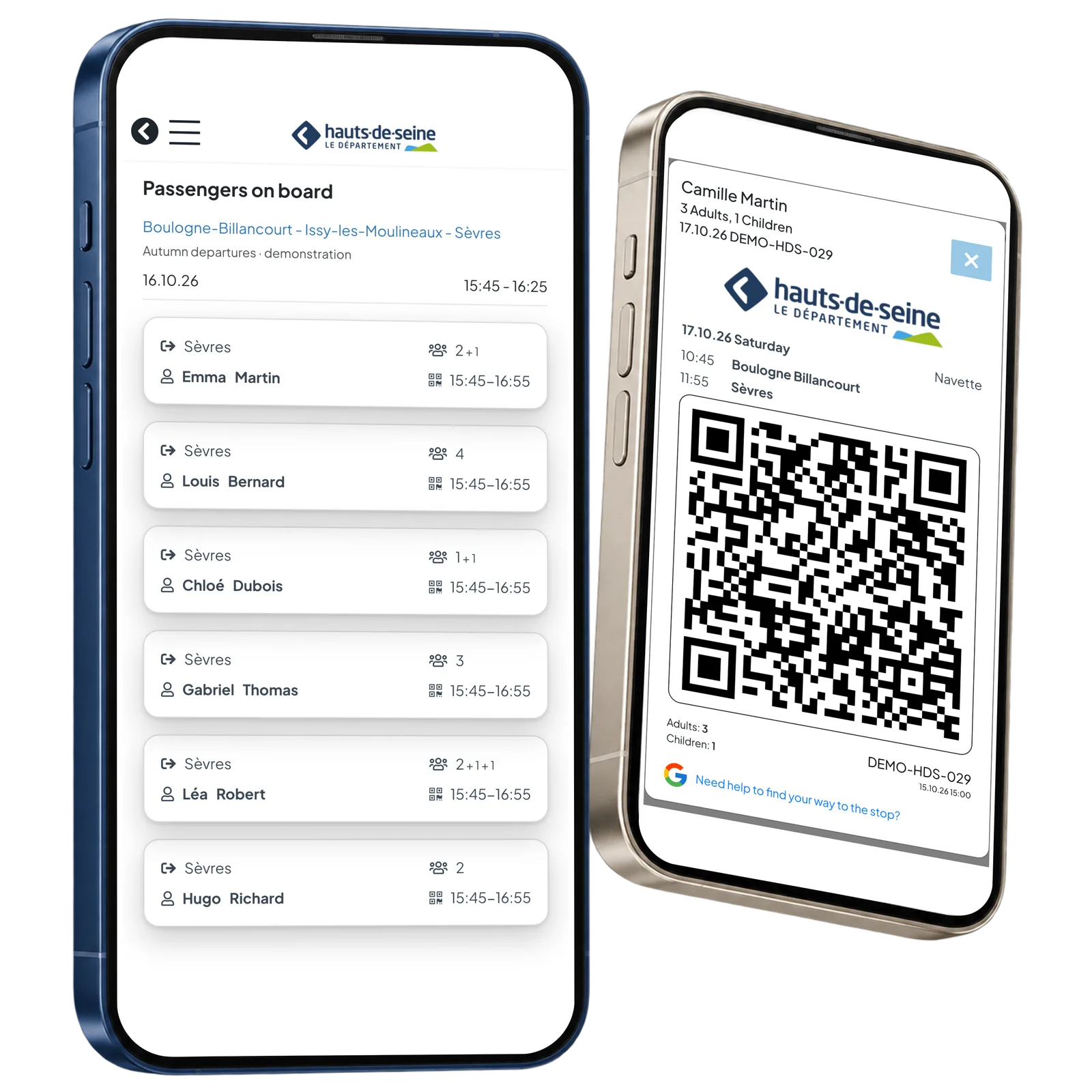 HDS crew passenger list and a QR ticket on different phones, showing separate demo journeys.