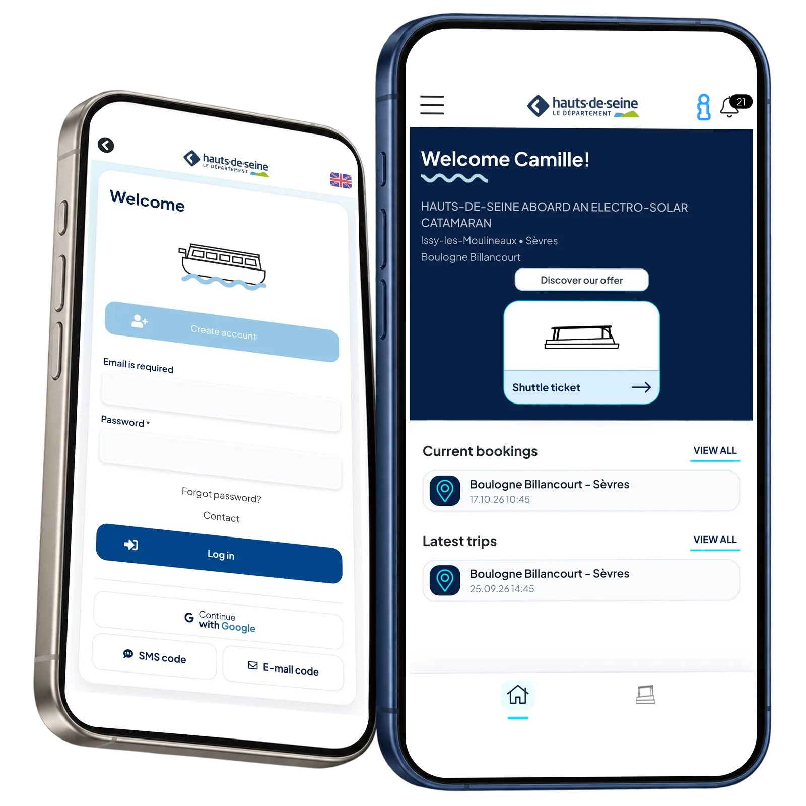 Current HDS-branded sign-in and passenger home on two phones, using demo data.
