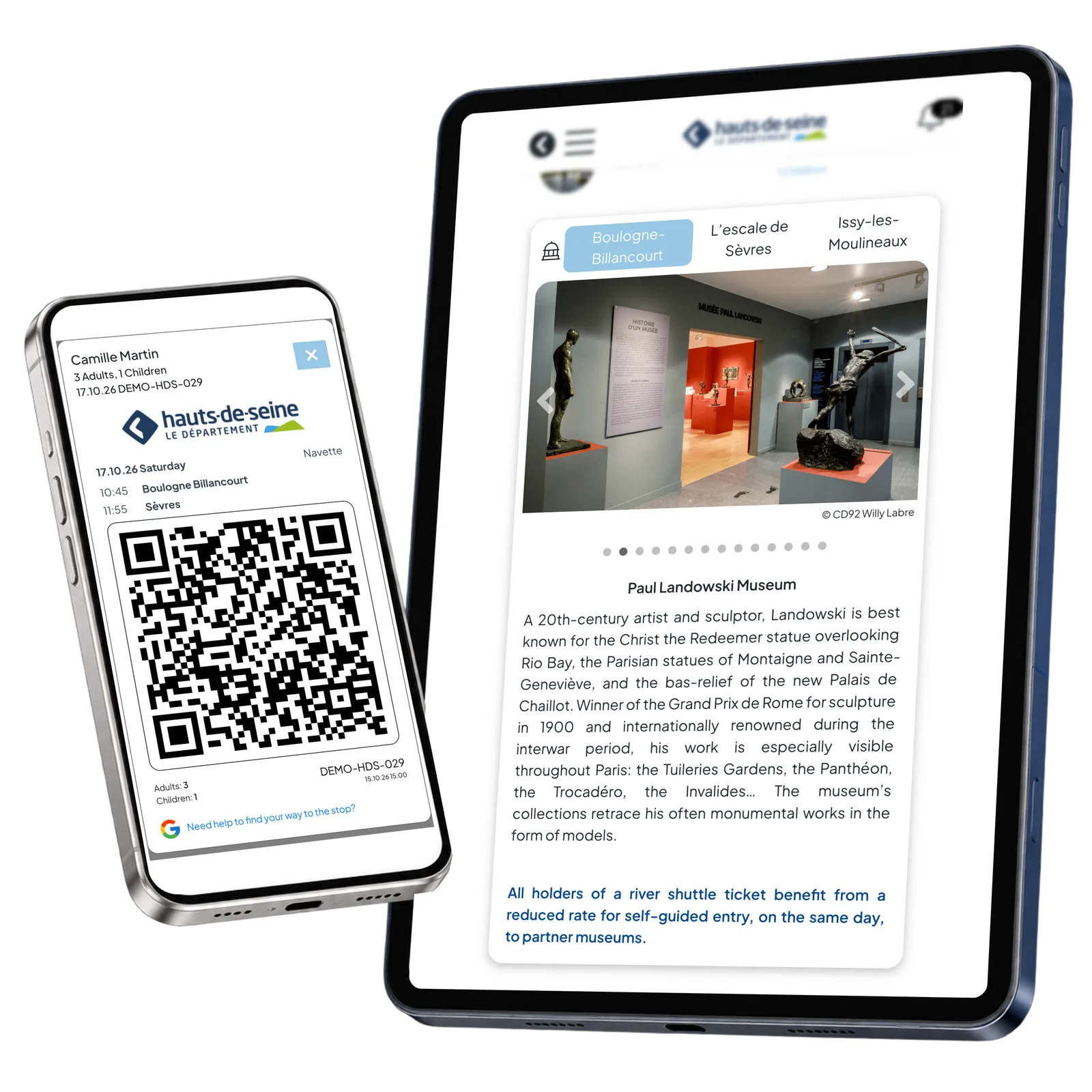 HDS Paul Landowski Museum information and a family QR demo ticket on two mobile devices, with the photograph credit retained.