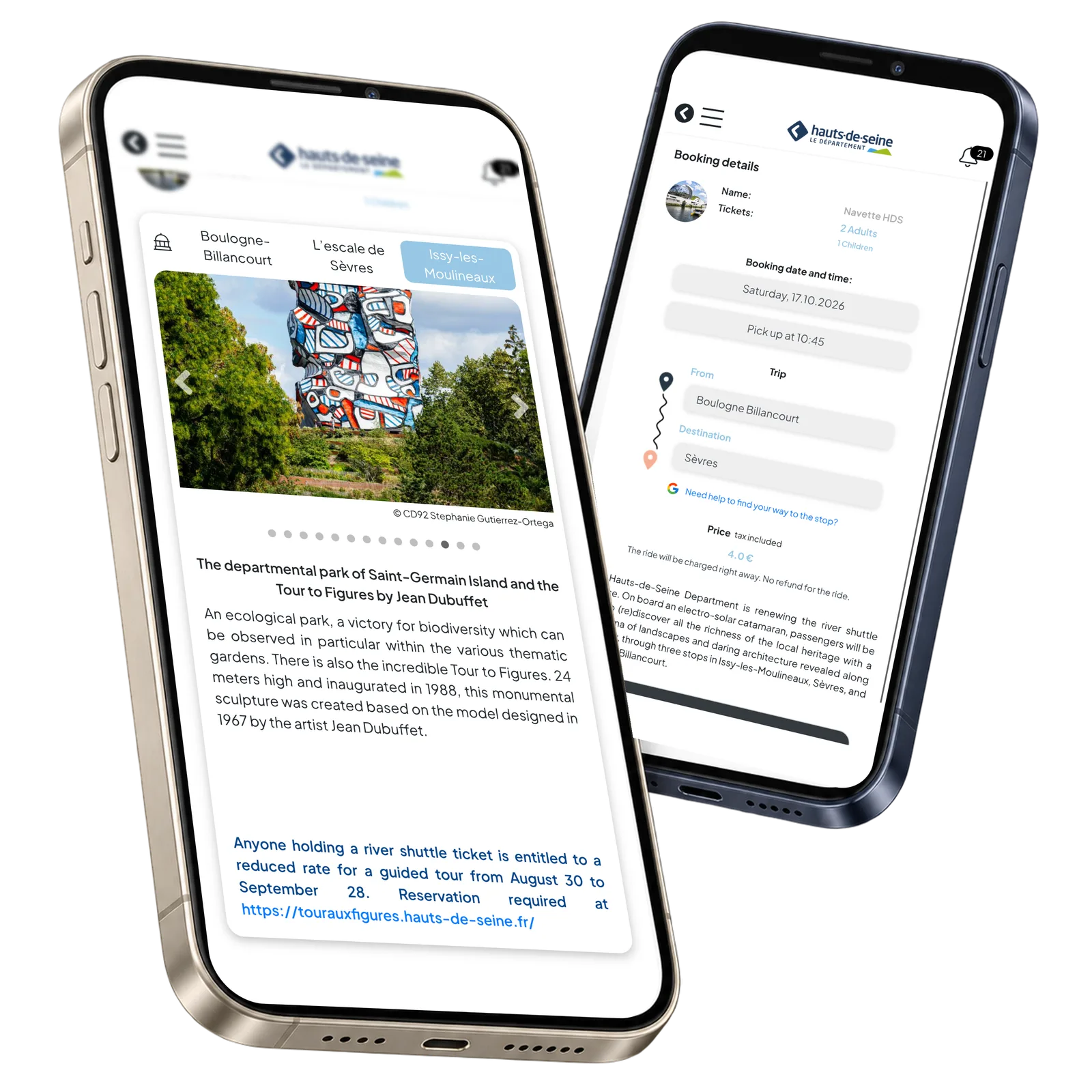 HDS local attraction and family booking review on two phones with fictional demonstration data.