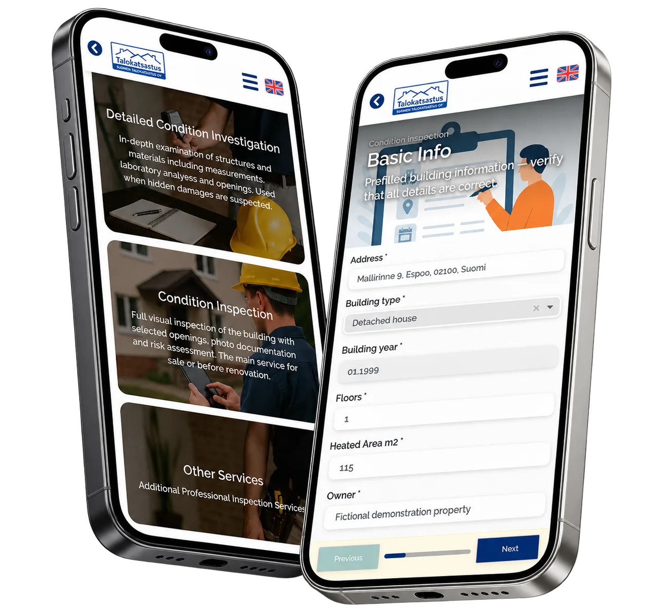 Katsastus Tarkka prototype: Choose the service and prepare the property details. Device collage with fictional local records.
