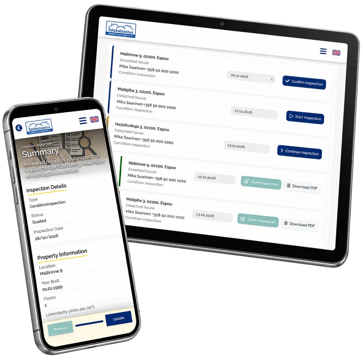 Katsastus Tarkka prototype: See which property visit needs the next action. Device collage with fictional local records.