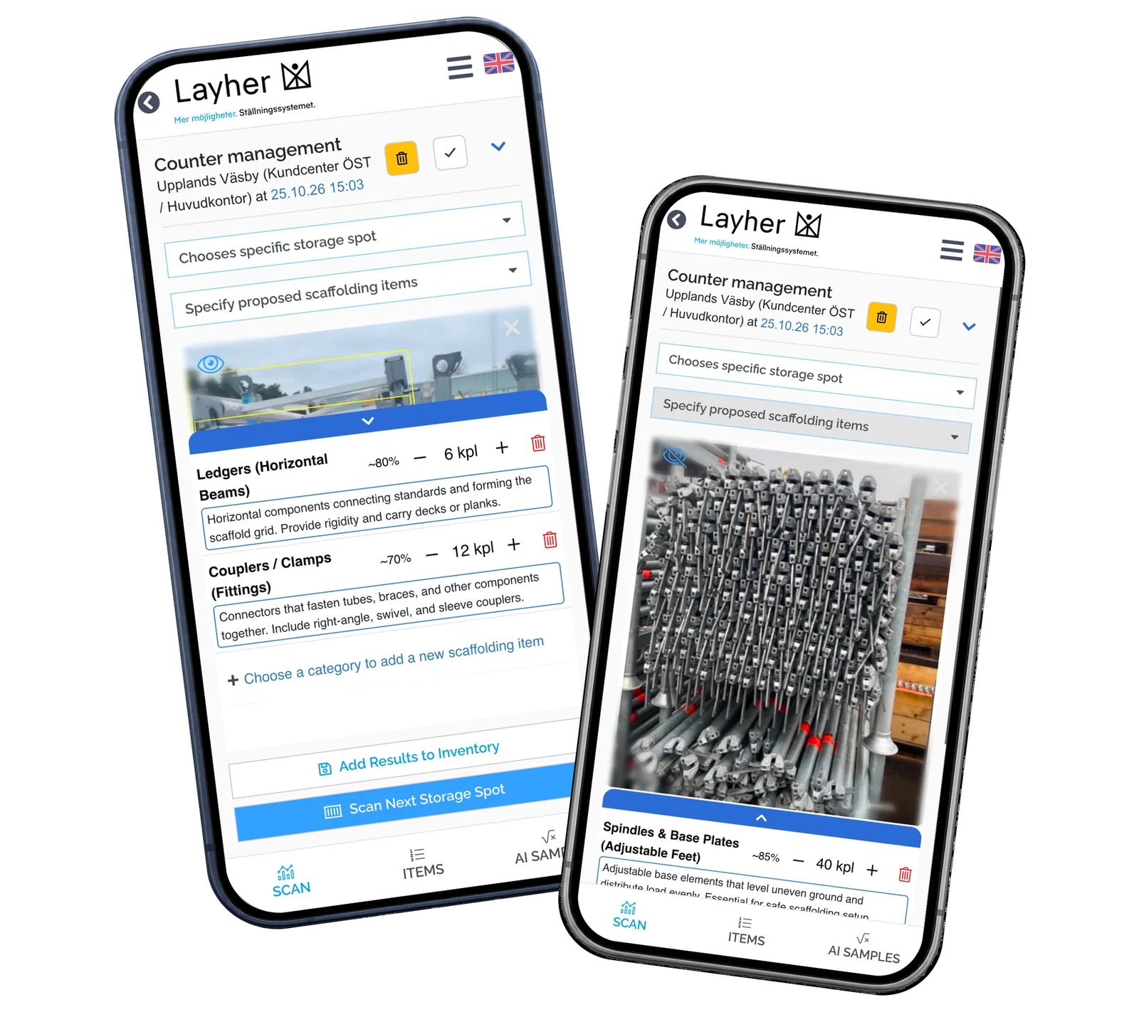Layher StockCounter prototype: Check the suggested quantity against the photographed material. Saved example results and fictional local records.