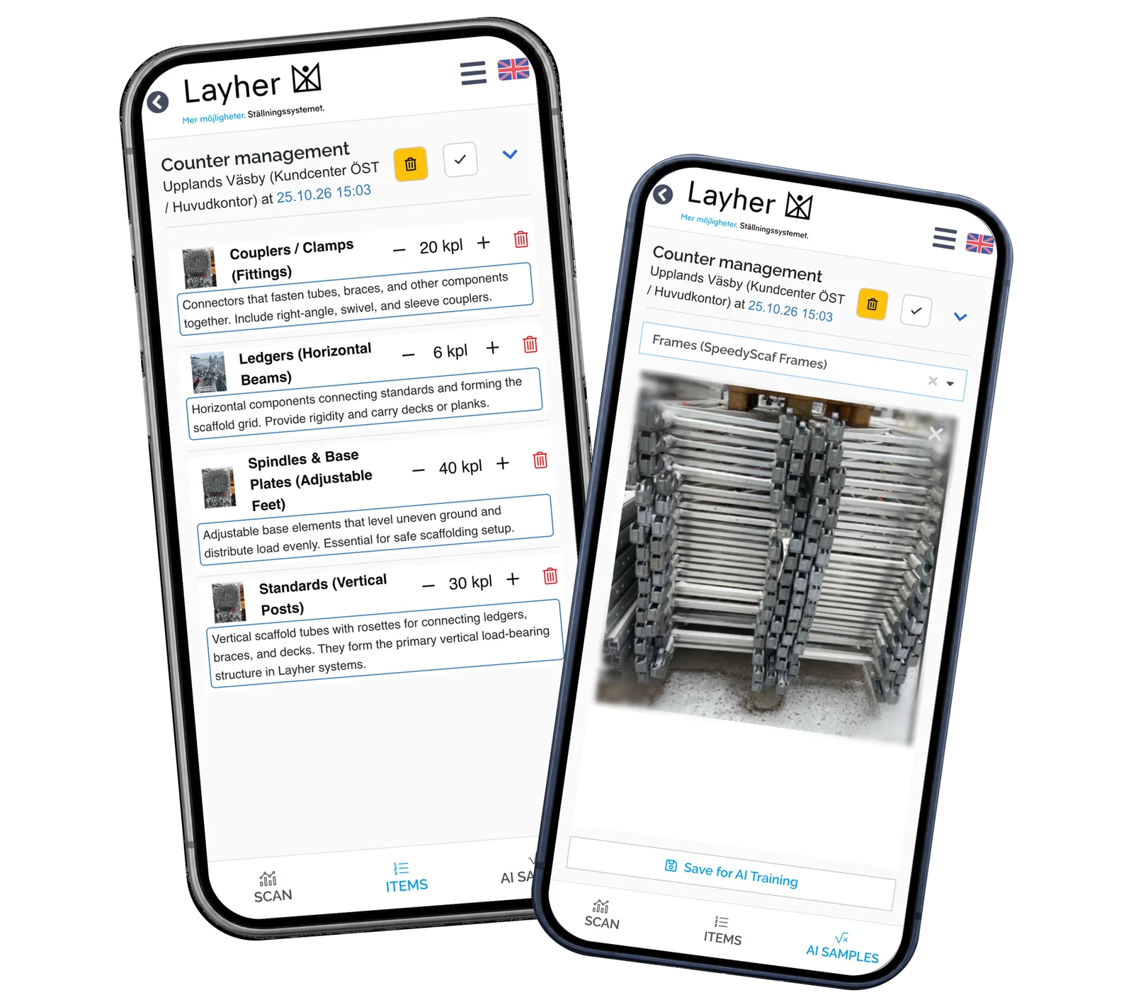 Layher StockCounter prototype: Review the material lines saved in the inventory session. Saved example results and fictional local records.