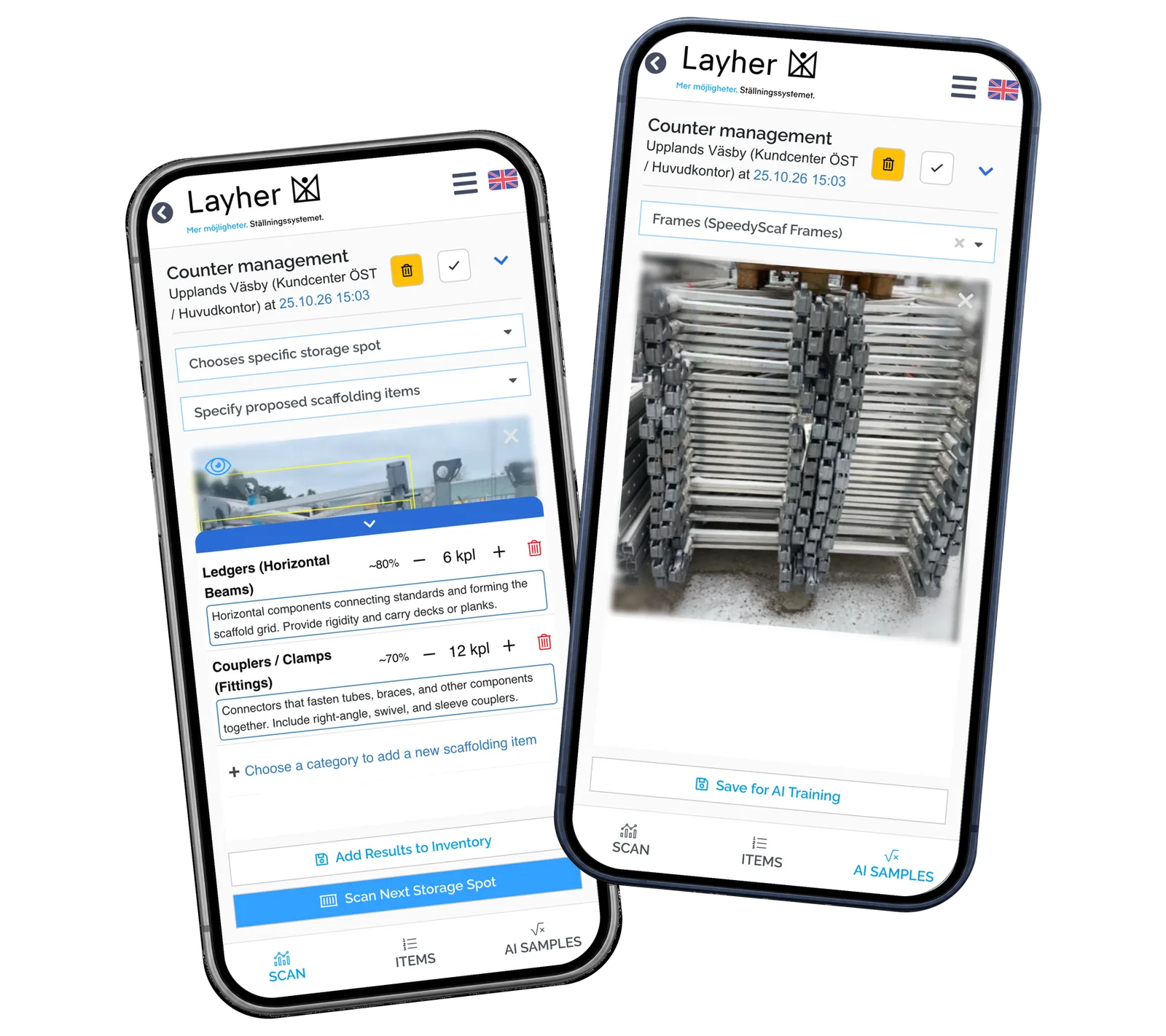 Layher StockCounter prototype: Let the operator review the suggestion before it becomes a record. Saved example results and fictional local records.
