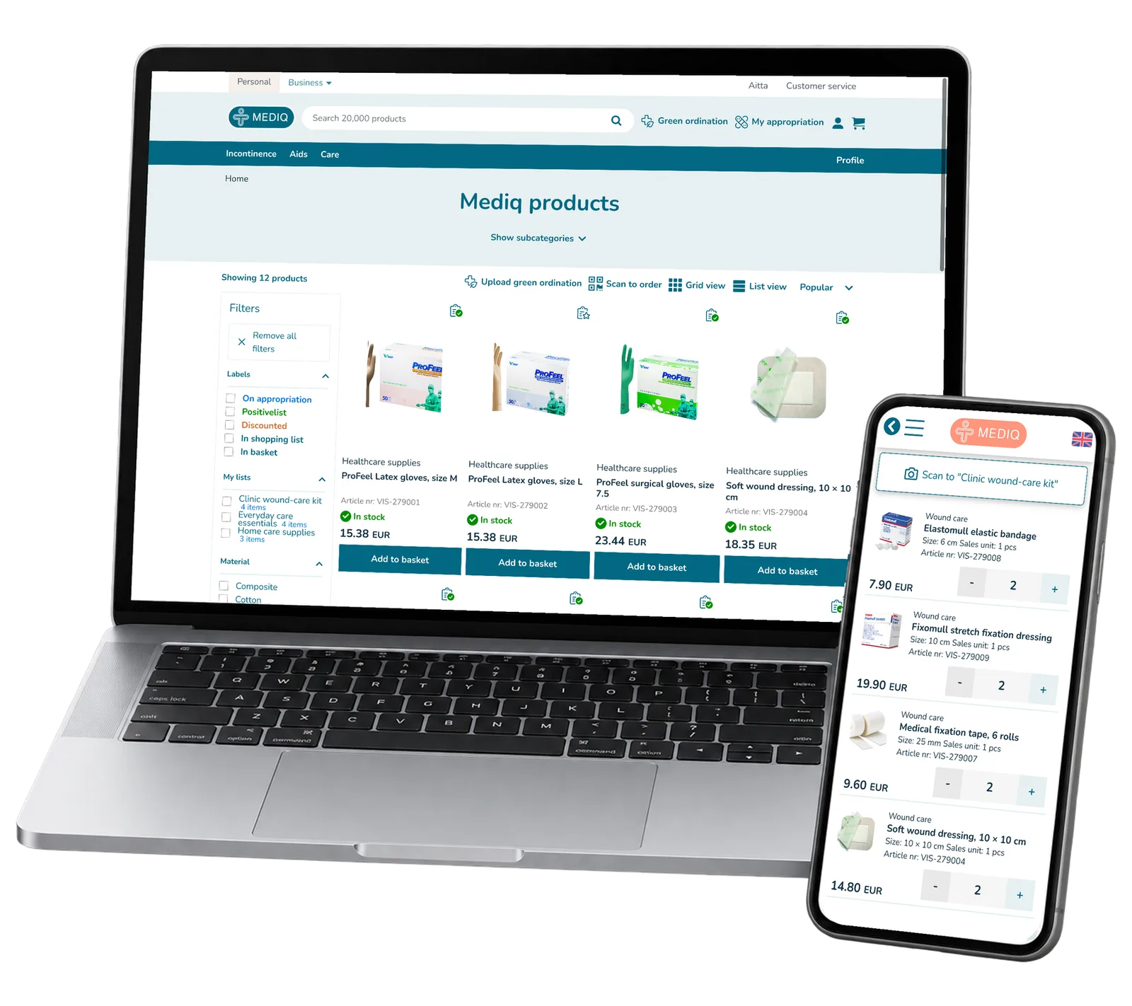 Mediq e-Commerce photographic product catalogue on a laptop and a separate clinic shopping list on a phone.