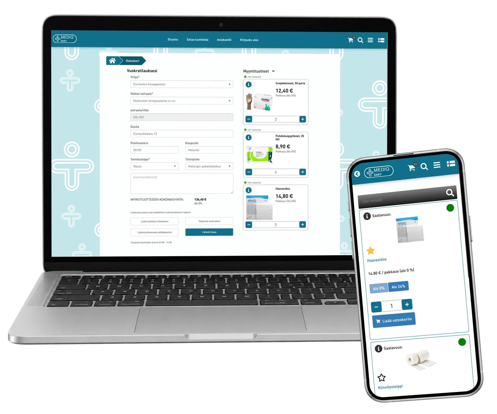 A clinic order with product quantities and recipient details beside a different product-selection view.