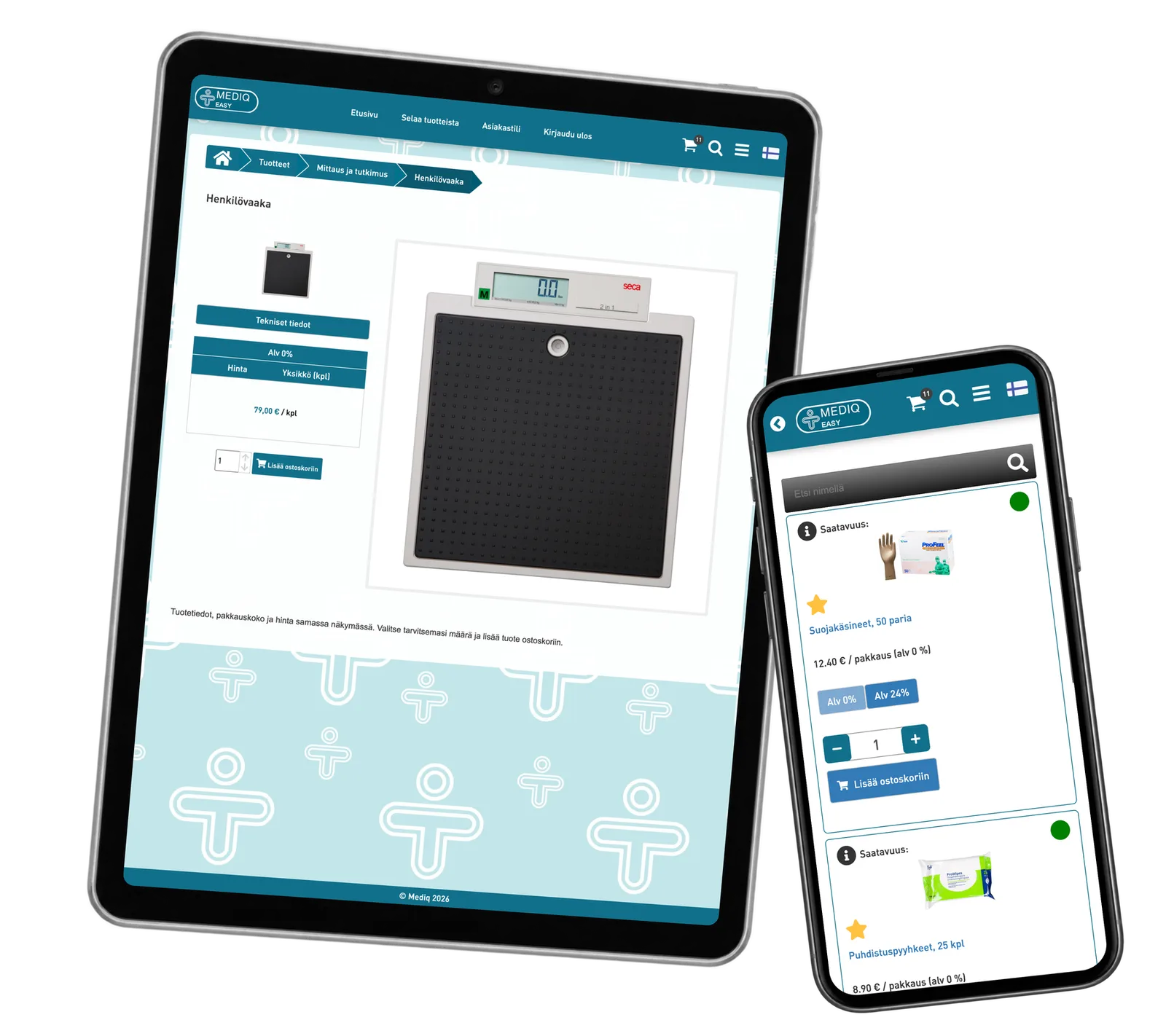 A weighing-scale product page on a portrait tablet and personal favourites on a phone.