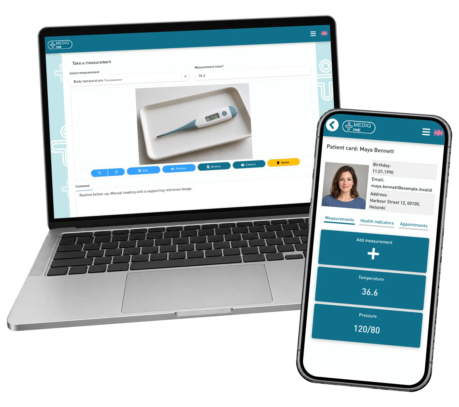Manual observation form with a thermometer reference image on a laptop beside a patient card on a phone.