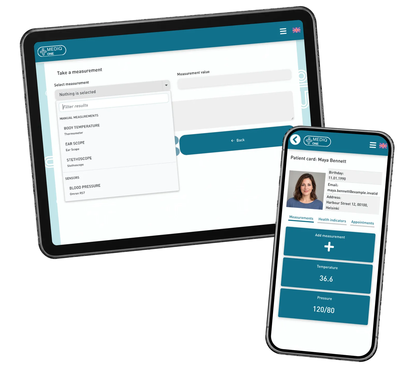 Observation-type selector on a tablet and the selected patient’s card on a phone. Prototype options, not a connected-device demonstration.