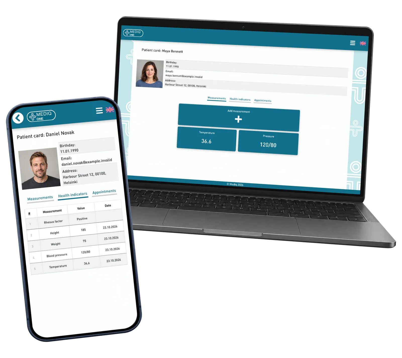 Professional patient card on a laptop paired with a different patient’s personal indicators on a phone.