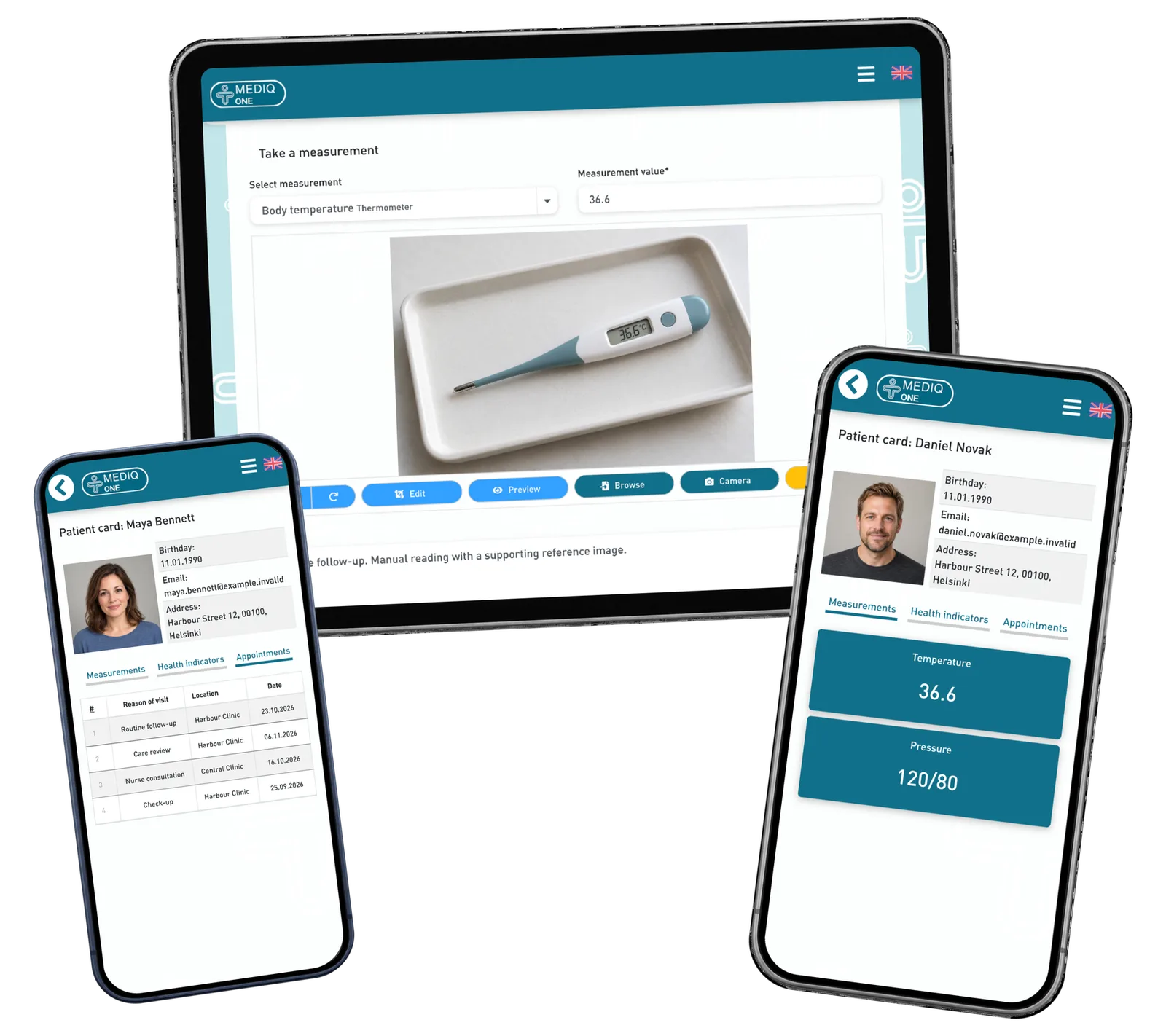 A manual observation form on a tablet with professional visit and patient card views on two phones.