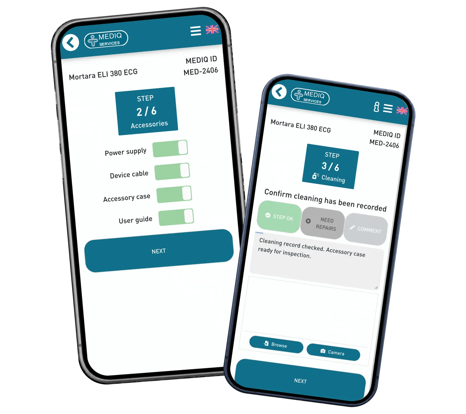 Mediq Services prototype: Check the accessories and leave a note the next technician can understand. Fictional demonstration data.