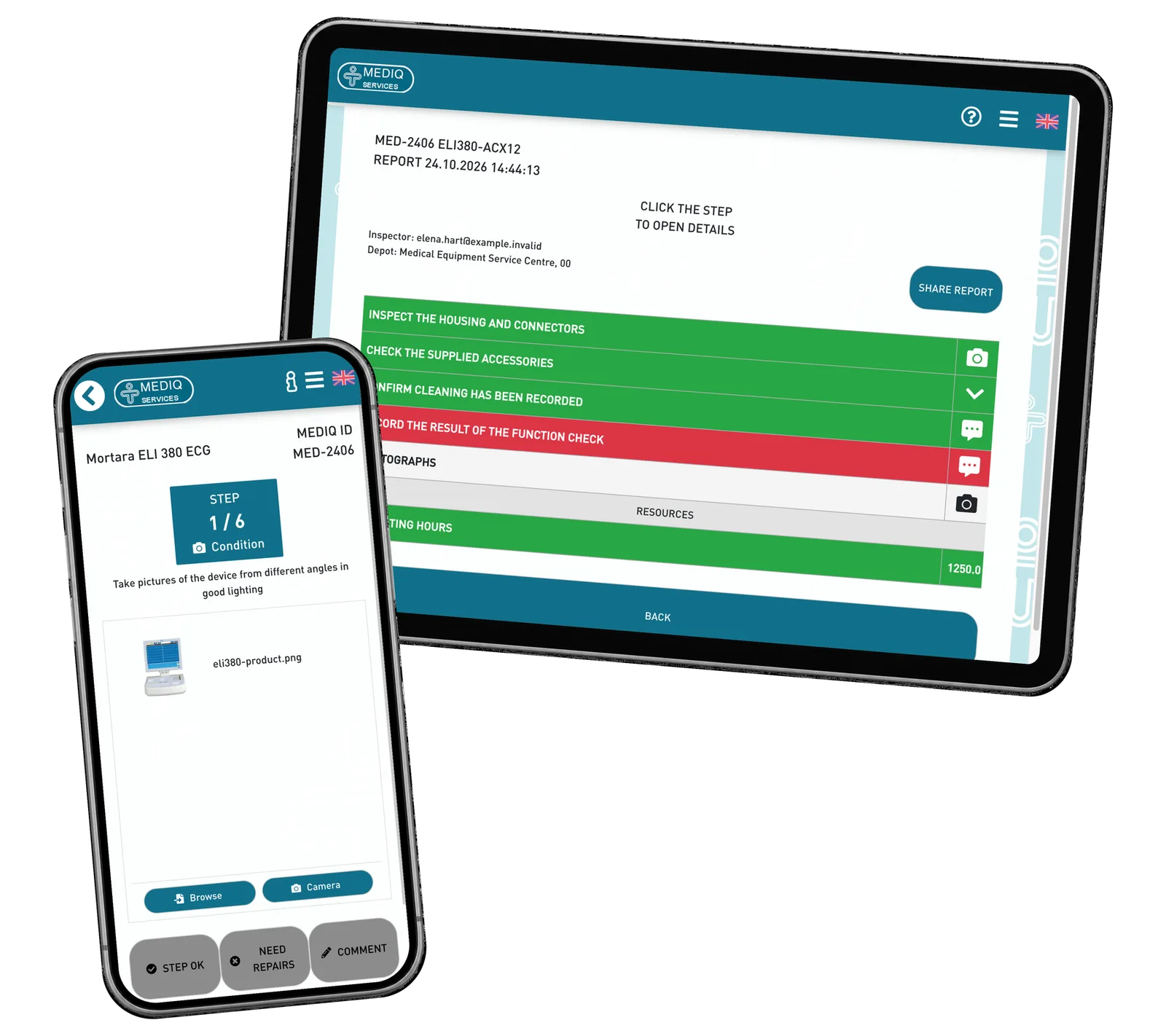 Mediq Services prototype: Return to the saved report when an earlier observation needs attention. Fictional demonstration data.