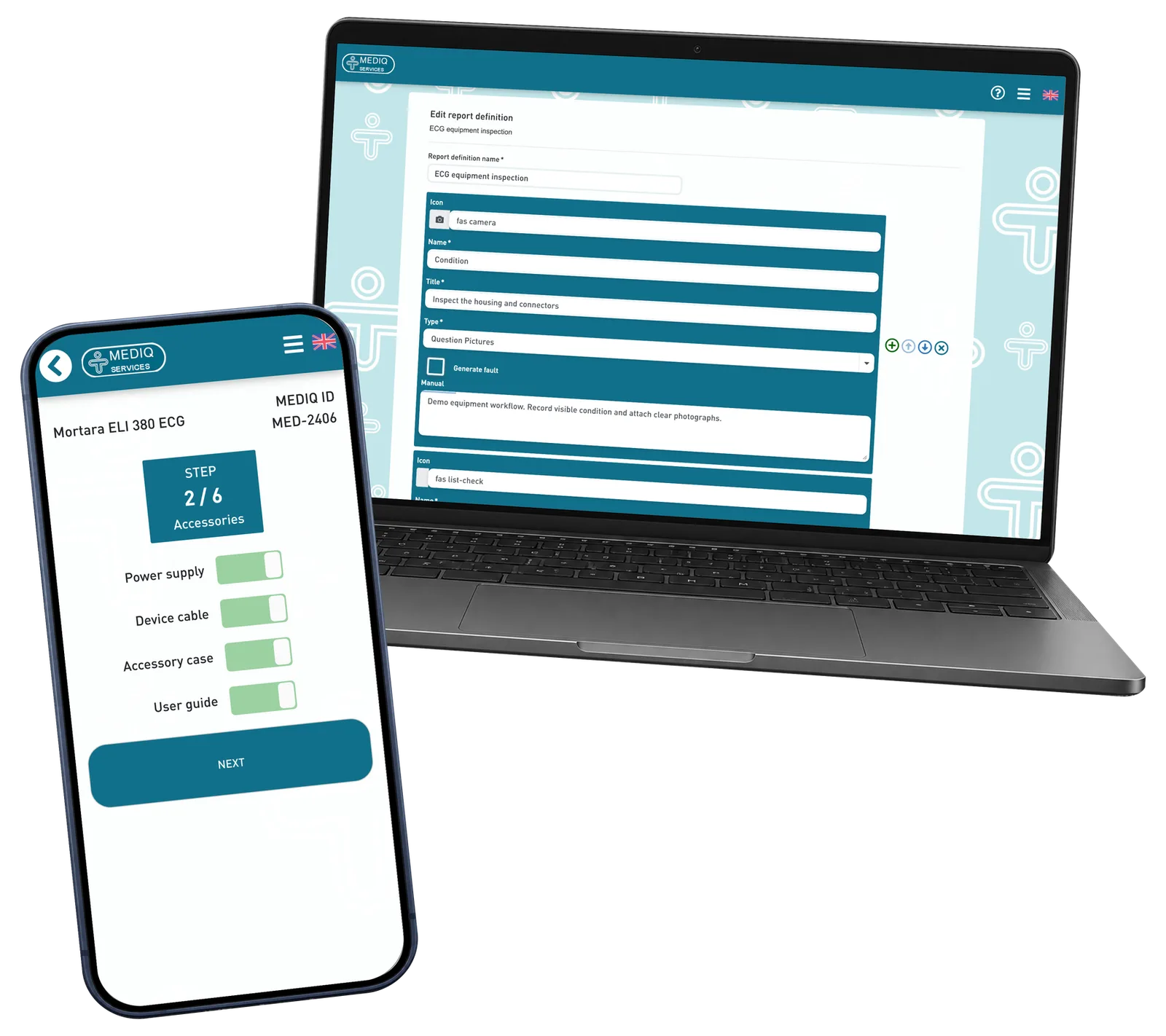 Mediq Services prototype: Define the inspection steps once and use them in the technician’s workflow. Fictional demonstration data.