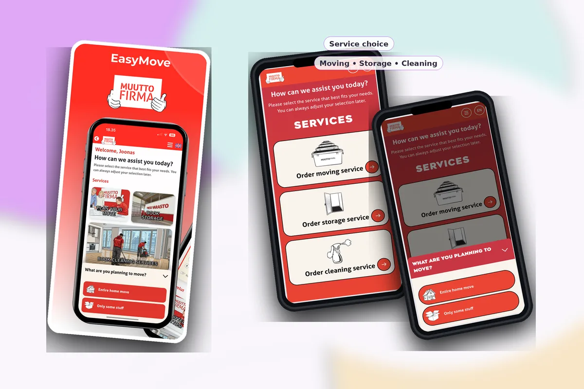 EasyMoves kundstartvy med val av tjänst och flyttens omfattning.