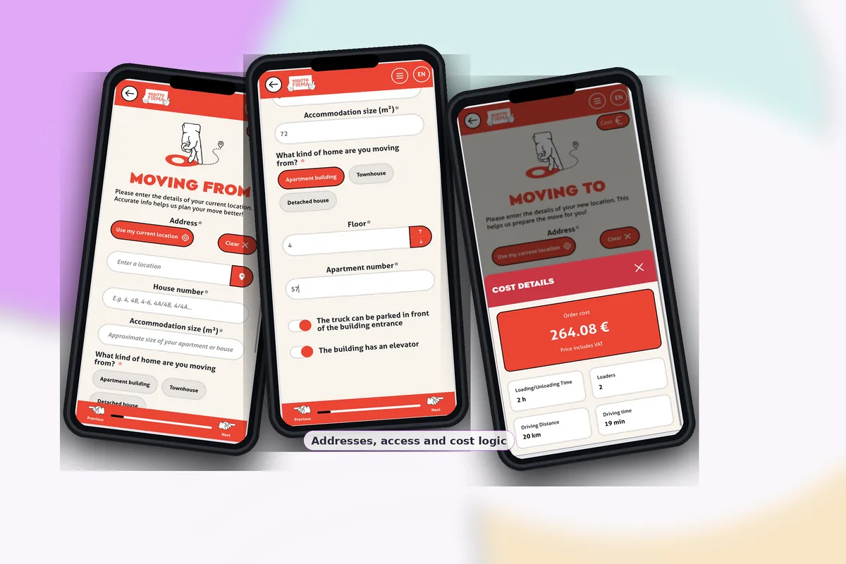 EasyMoves vyer för rutt, adress, åtkomst och uppskattning.