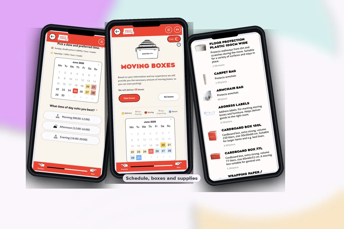 EasyMoves vyer för flyttdatum, lådor, packning och tjänsteval.