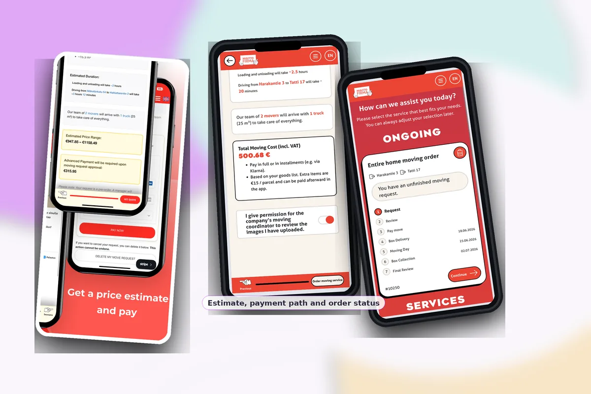 EasyMoves vyer för sammanfattning, prisuppskattning, betalning och orderuppföljning.
