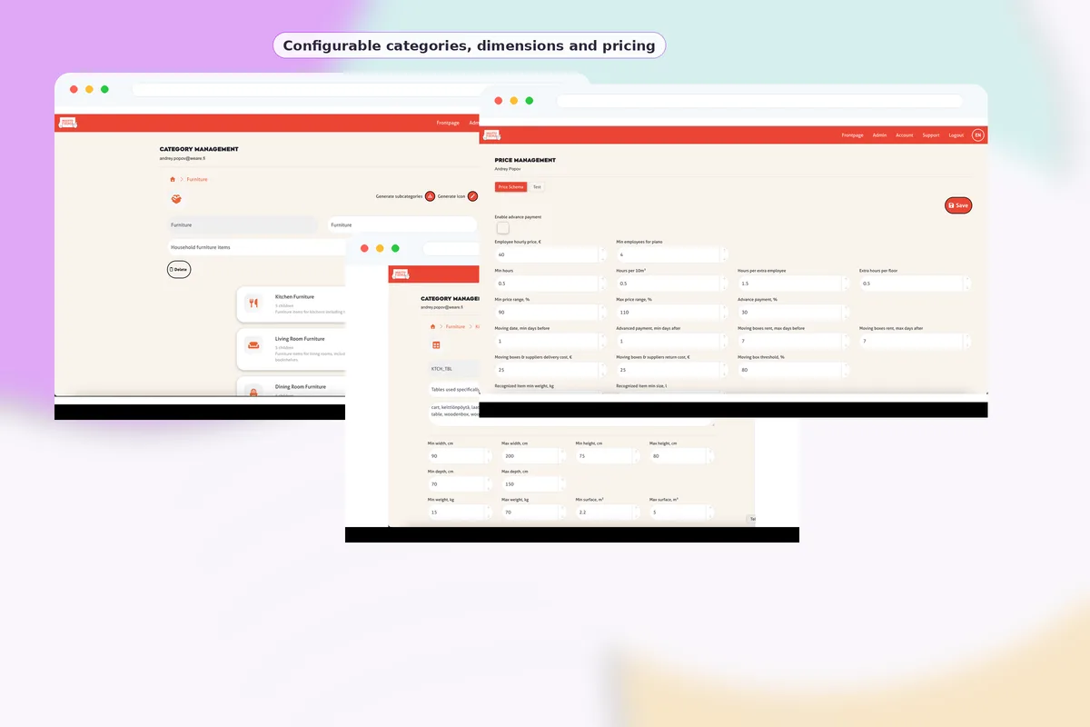 EasyMoves vyer för backoffice-konfiguration och prishantering.