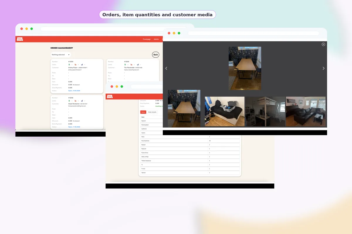 EasyMoves vyer för orderhantering, uppladdad media och artikelgranskning.
