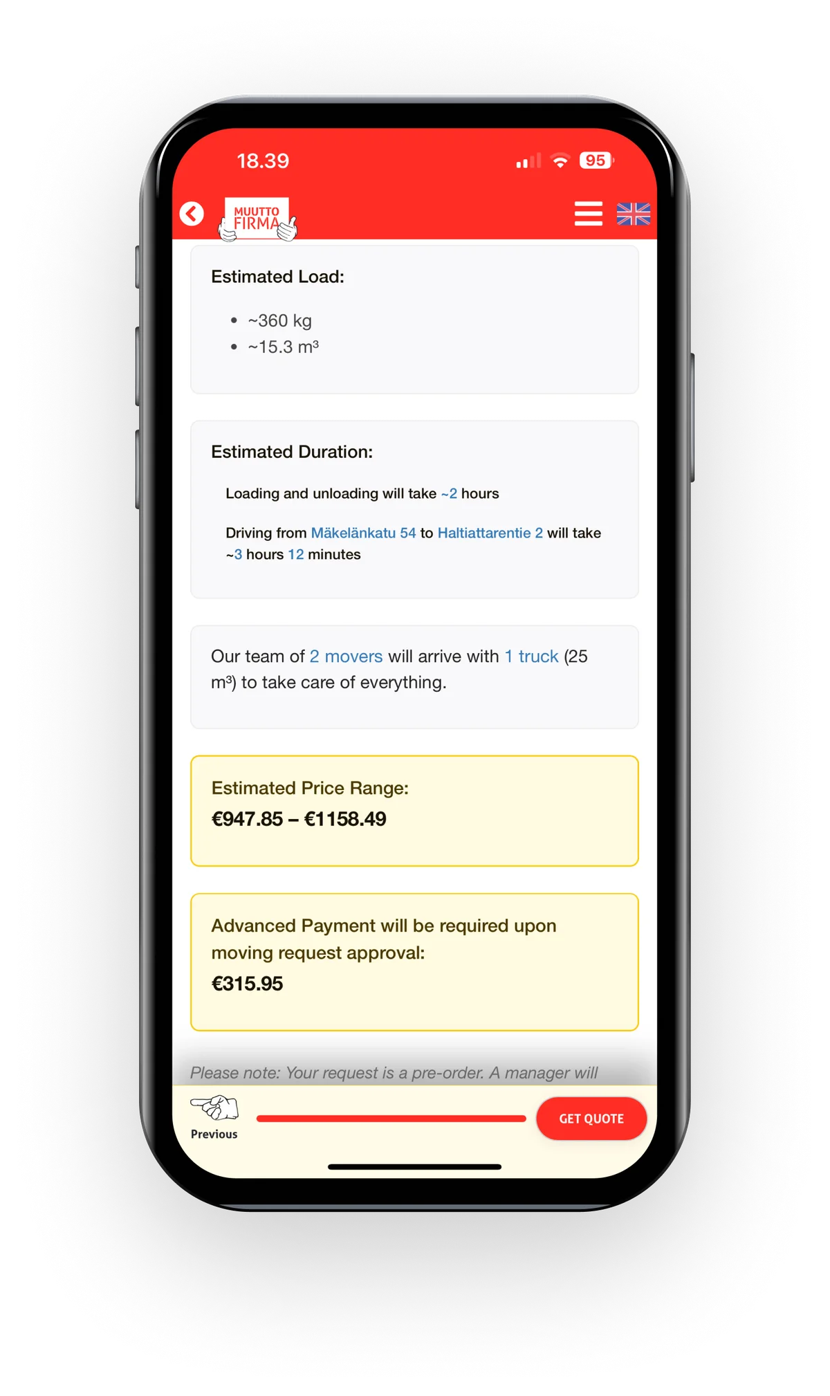 EasyMoves offertuppskattning med last, varaktighet och prisintervall.