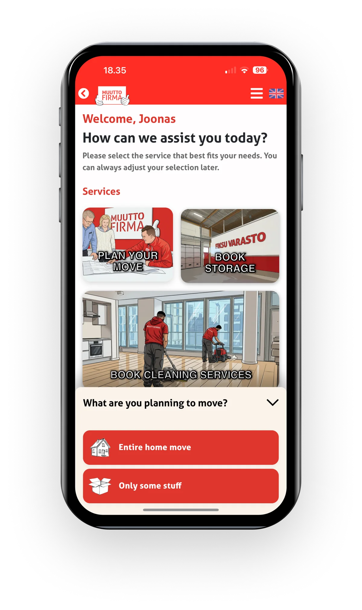 EasyMoves vy för tjänsteval i mobilappen.