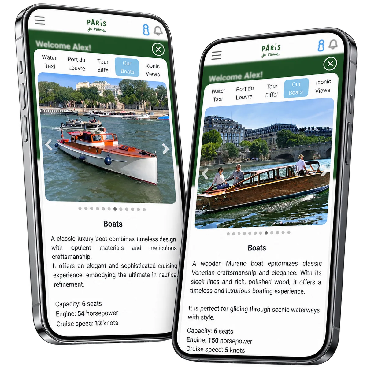 Two wooden boat views in the branded passenger app.