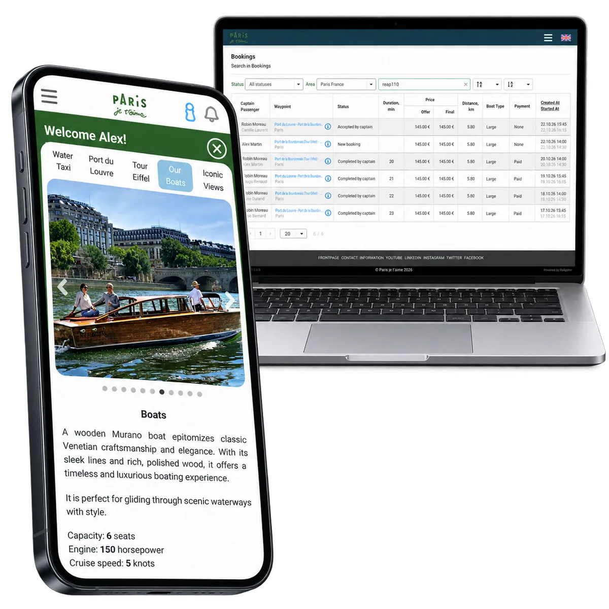 Operator bookings on a laptop alongside the passenger boat view on a phone.
