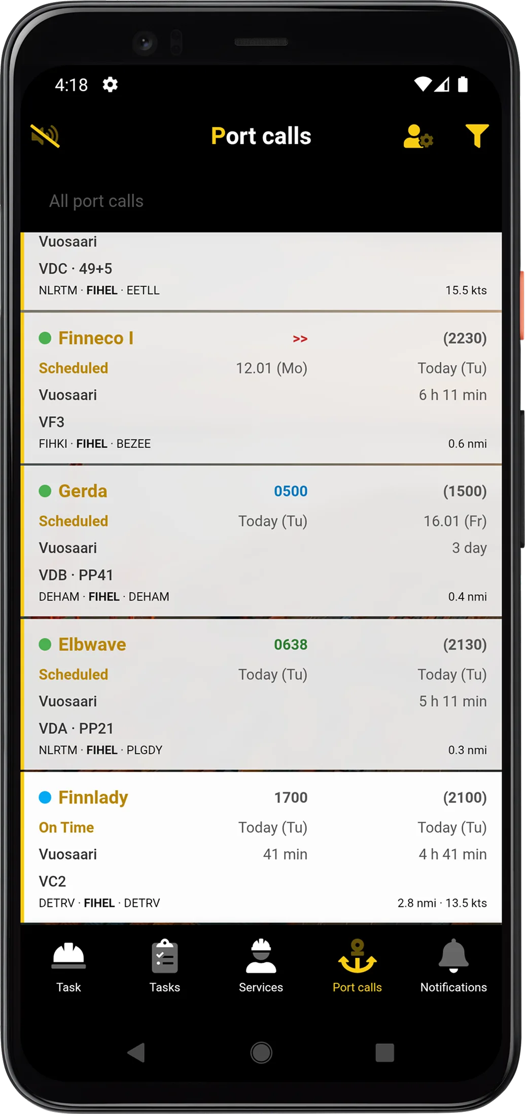 PortLinks mobila översikt över hamnanlöp.