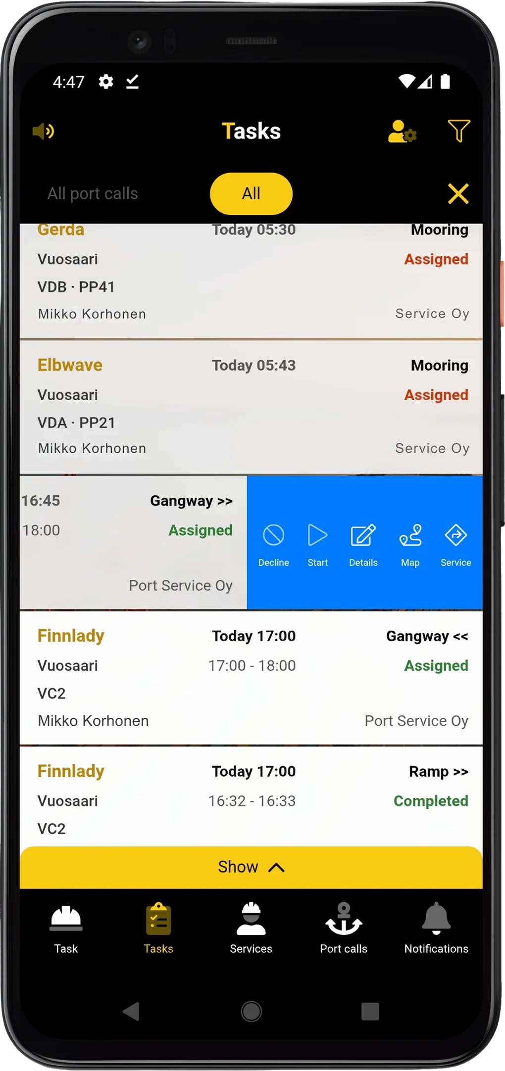 PortLinks mobila uppgiftslista med tilldelat gangway-arbete.