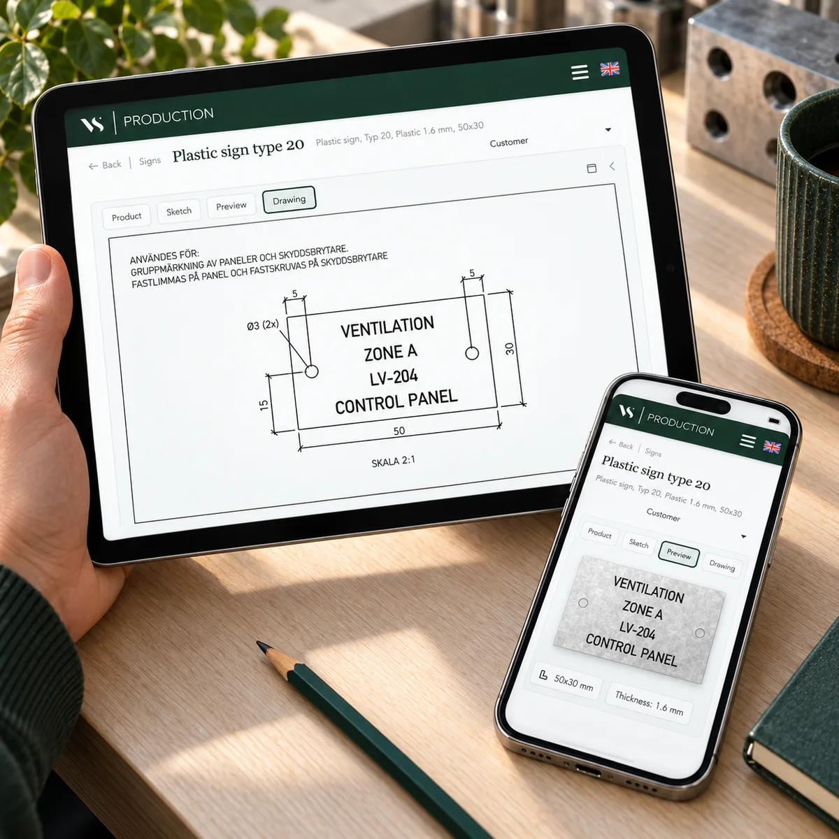 A dimensioned product drawing alongside its mobile preview. Illustrative scene with adapted UI.